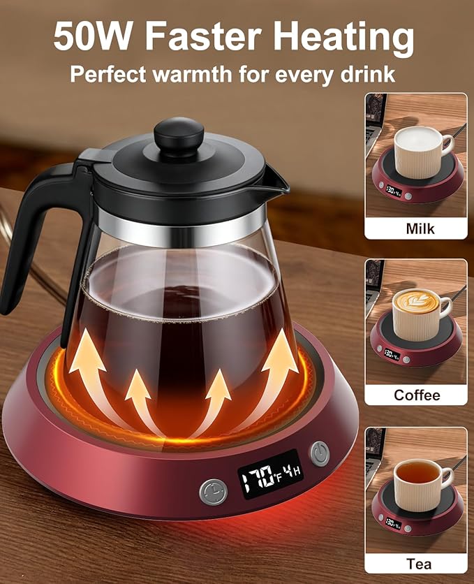 Kepwam Coffee Mug Warmer - 50W Electric Coffee Warmer for Desk 3 Temp Settings & 2-9 Timer Smart Cup Warmer for Desk Candle Warmer Plate with LED Lights Beverage Tea Milk Warmer for Home & Office