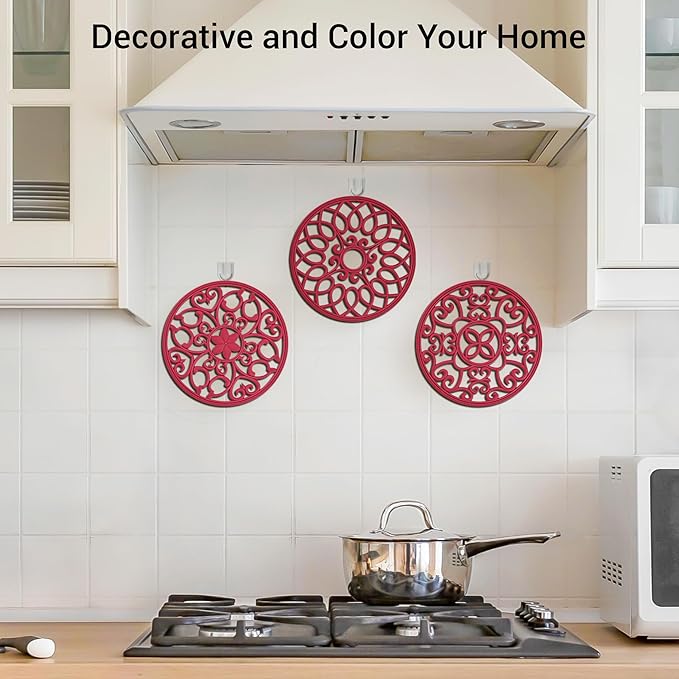 SMARTAKE 6 Set Silicone Trivets, Multi-Use Carved Trivet, Insulated Non-Slip Durable Kitchen Mats, Flexible Modern Kitchen Table Mat, for Hot Dishes, Pots, Dining Countertop, Red
