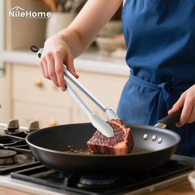 NileHome Tongs for Cooking, Professional Stainless Steel Cooking Tongs – Heat-Resistant for Grilling, BBQ, Serving Salad, Pasta, and Kitchen Use, Dishwasher Safe, Set of 9" 12", Silver