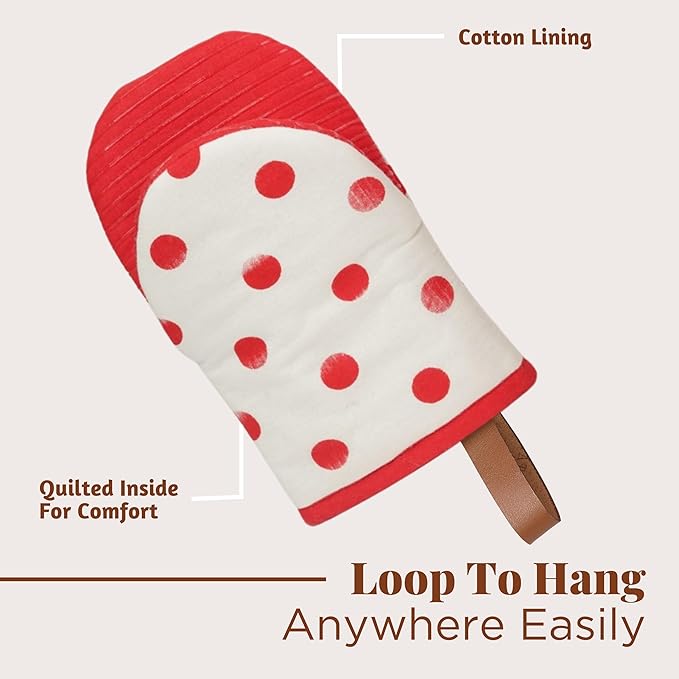 Folkulture Oven Mitts - Set of 2 (5.75"x9") | Polka Red Oven Mitts with Hanging Loop for Cooking Gifts, Kitchen Decor| 100% Cotton, Silicone Heat Resistant Mini Mitts
