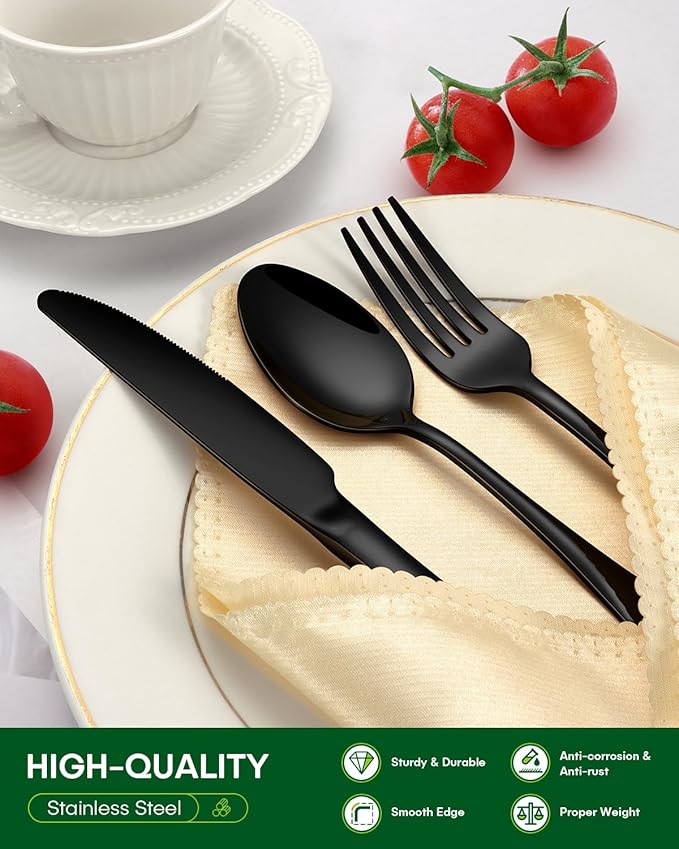 PHILIPALA 24-Piece Black Silverware Set with Steak Knives Food-Grade Stainless Steel Flatware Set for 4 Mirror Cutlery Dishwasher Safe Utensil Sets for Home Restaurant