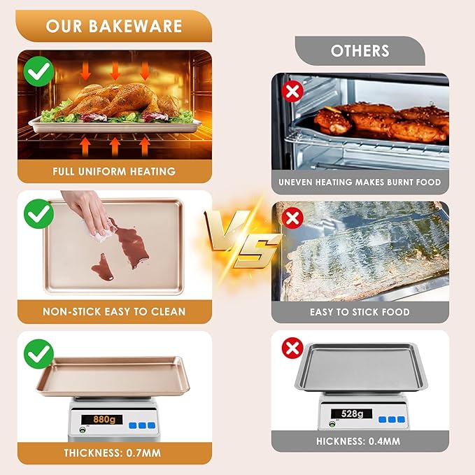 Baking Sheet Pan Set of 3, Commercial Cookie Sheets for Baking, Nonstick Half/Quarter/Jelly Roll Pans Replacement Toaster Oven Tray, Heavy Duty & Easy Clean, Rose Gold