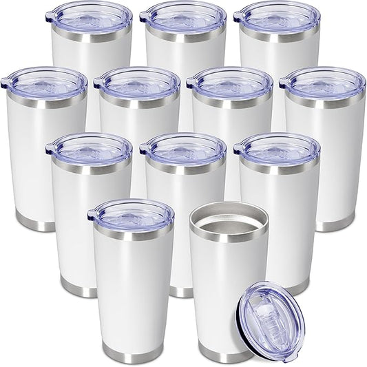 20 oz Tumbler Coffee Travel Tumblers Bulk with Lid Stainless Steel Double Wall Vacuum Insulated Mug Powder Coated Cups fit Car Cupholder for Hot and Cold - White, 12Pack