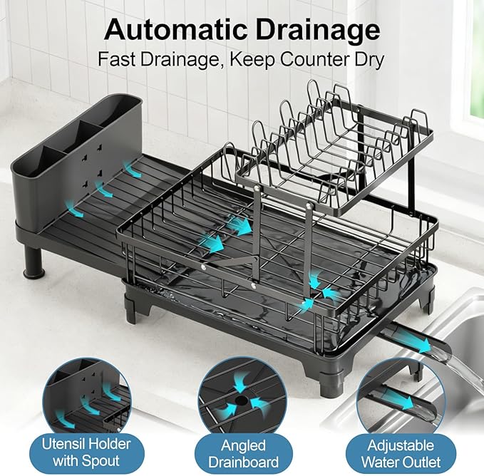 GSlife 2 Tier Dish Drying Rack with Drainboard, Expandable Large Dish Drainer for Kitchen Counter, Rust Resistant Dish Drainer with Cup Holder & Utensil Holder, 12.6" W x 18.7"-25.2" L, Black