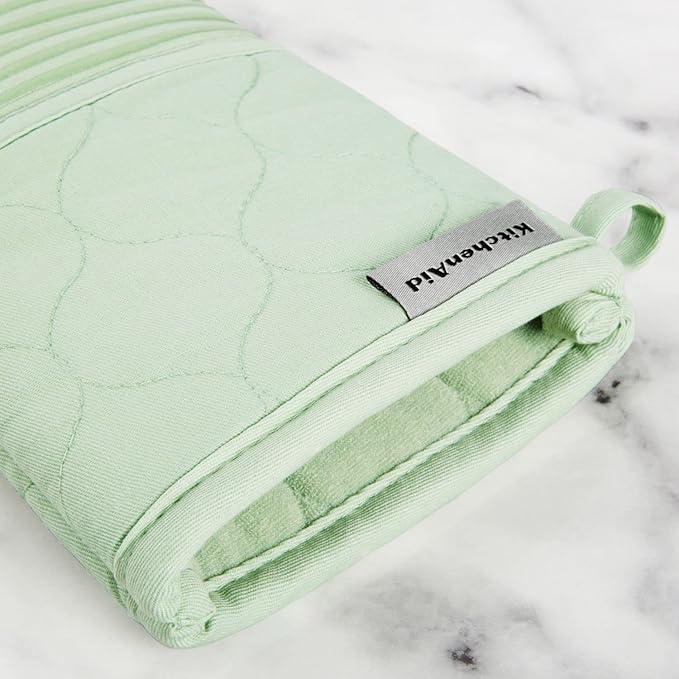KITCHENAID Quilted Cotton Terry Cloth Oven Mitt, Pot Holder, Kitchen Towel 4-Pack Set, Heat Resistant, Silicone Grip, 16"x26", 7"x13" & 7"x10", Pistachio