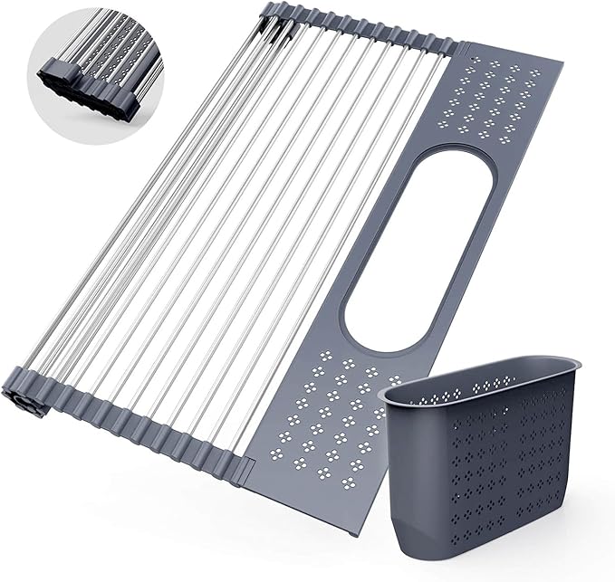 LEMIKKLE 17" x 15" Roll Up Dish Drying Rack Over The Sink Dish Drying Rack,Multi-Purpose Kitchen Rolling Dish Drainer Foldable SUS304 Stainless Steel Dish Drying Rack