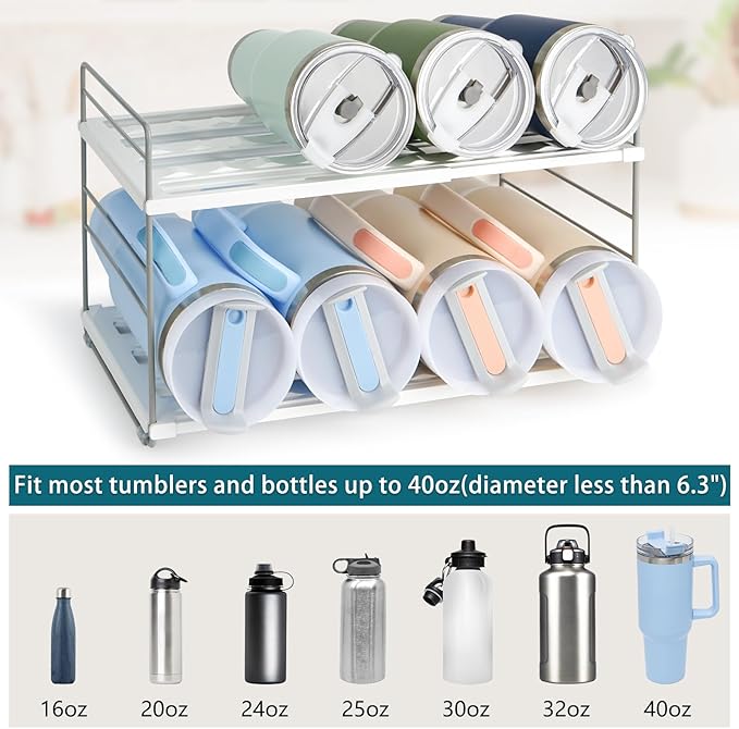 Water Bottle Organizer For Cabinet, Adjustable Tumbler Storage, Expandable Water Bottle Holder For Kitchen Organization, 2 Tier Cup Organizer For Sports Flask Insulated Travel Mug Fridge, White