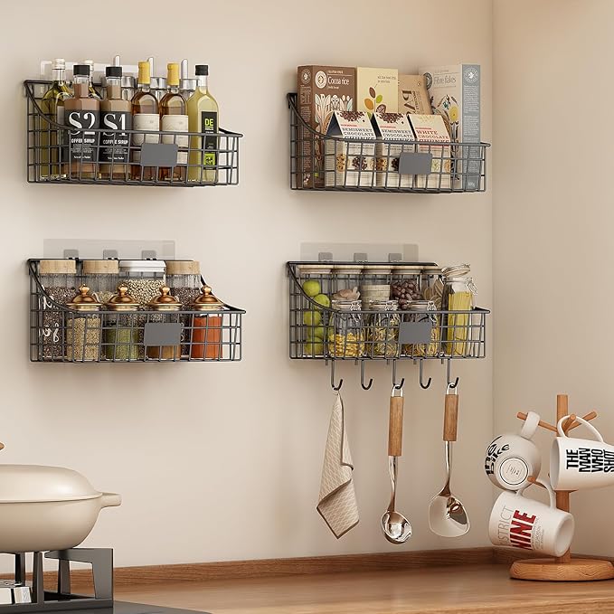 Hanging Wall Wire Basket-4Pack,Large Metal Organizer Baskets & Bathroom Shower Shelf with 4 Adhesive Hooks+5 S Hook, Wall Mounted Baskets & Shelves for Bathroom, Kitchen Storage
