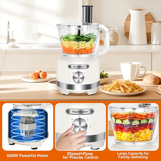 Homtone 16-Cup Food Processor, Heavy-Duty 9-Function Vegtable Chopper with 7 Blades & 3 Speeds for Dough Kneading, Meat Chopping, Slicing, Shredding & French Fry Cutting, Dishwasher Safe, White