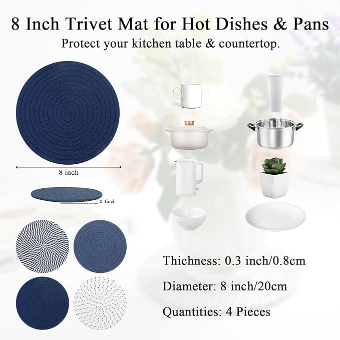 SHACOS 8 Inches Trivets for Hot Dishes, 4 Pieces Cotton Trivets Mats for Kitchen, Hot Pads for Countertops and Table, Heat-Resistant Pot Holders for Hot Pots and Pans(Blue, 4pcs)