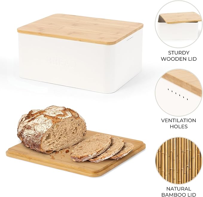 ZICOTO Beautiful Bread Box With Wooden Lid For Your Kitchen Countertop - Spacious Container Perfectly Stores Your Homemade Bread, English Muffins & Bagels - Quality Cutting Board Lid Keeps Loaf Fresh