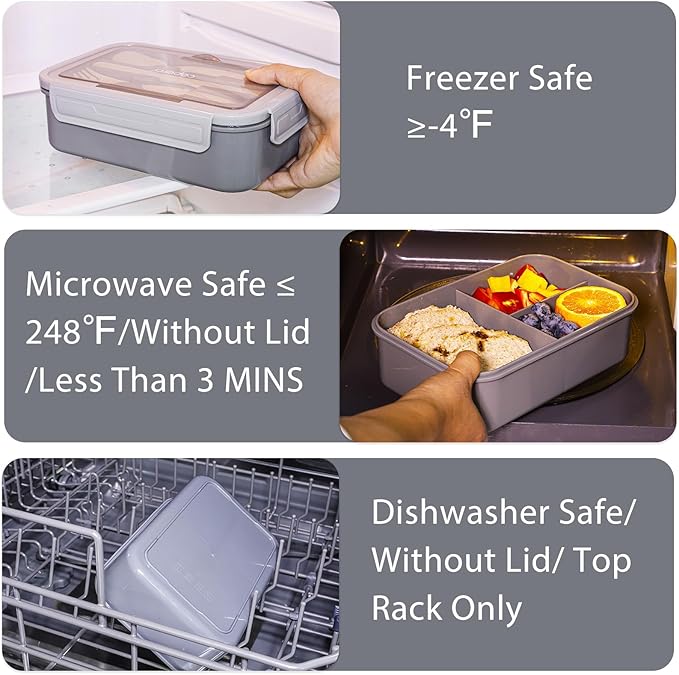 Caperci Classic Bento Box Adult Lunch Box for Older Kids - Leakpoof 47 oz 3-Compartment Lunch Containers for Adults and Teens, Built-in Utensil Set, Ideal for On-the-Go Balanced Eating, Gray