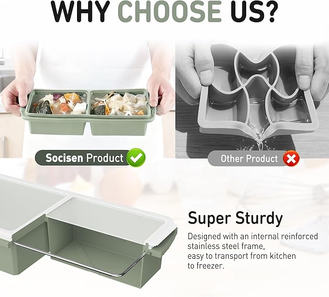 Silicone Freezer Tray with Lid Soup Freezer Container Molds with Steel Reinforced Rim Ice Cube Freezer Molds for Soup, Sauce, Leftovers, Homemade Meal Prep Containers Moldes De Silicona