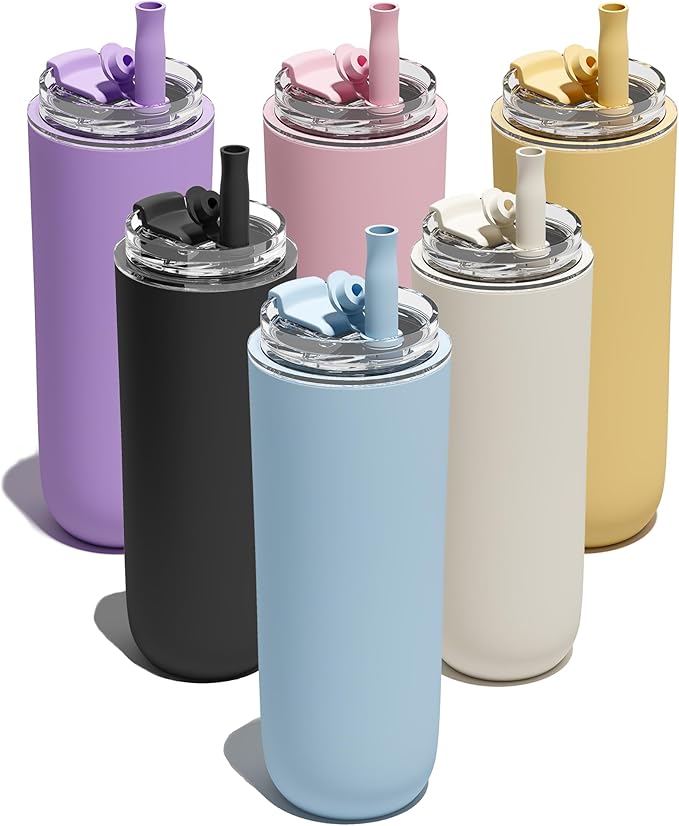 6 Pack 16 oz Insulated Coffee Tumblers, Travel Coffee Tumblers with Straw, Double-Wall Stainless Steel Tumbler, Leak Proof Tumbler, Reusable Cups with Lids for lced and Hot Drinks