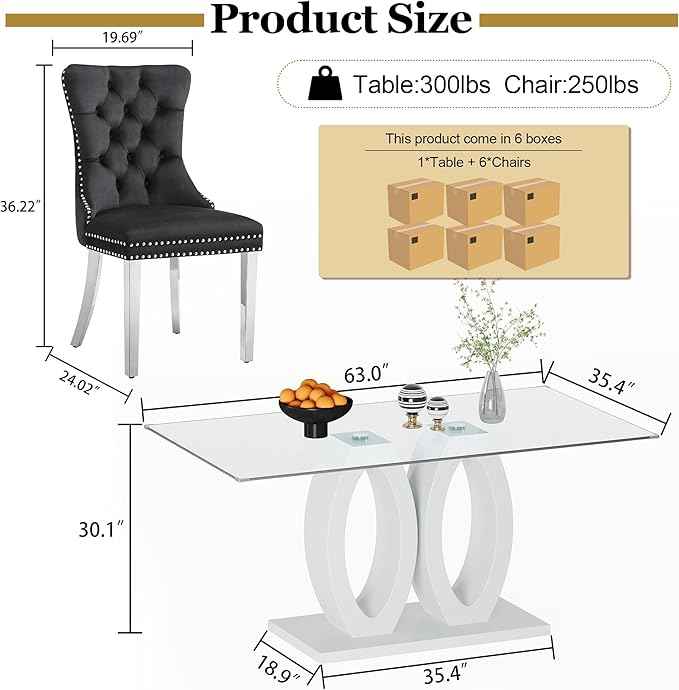 63" Glass Dining Table Set for 6, 7-Piece Rectangular Kitchen Table with Tempered Glass Top, White Double O-Shaped MDF Base, and 6 Black Velvet Upholstered Chairs for Dining Room, Living Room, Office