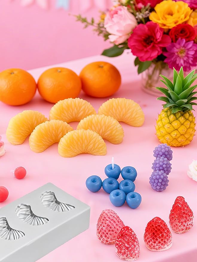 Fruit Shaped Silicone Molds, 3D Strawberry Orange Raspberry Blueberry Fondant Mold, Fruit Mold for Candy Jelly Cake Decor Soap Resin DIY Baking Tool for Parties & Gifts (4 Fruit)