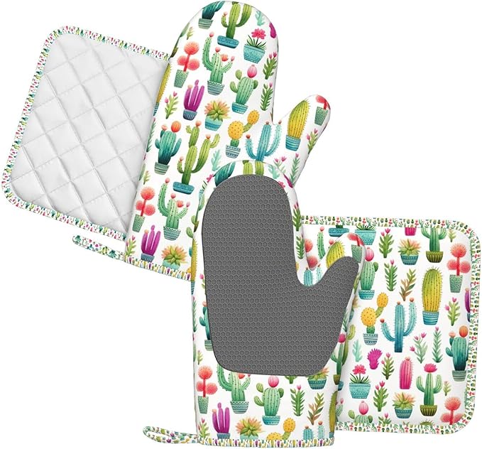 Oven Mitts and Pot Holders Set, Cactus Pattern Watercolor Silicone Kitchen Accessories 4 Piece Heat Resistant Long Gloves Potholder Non-Slip Grip for Chef Cooking Baking Grilling BBQ