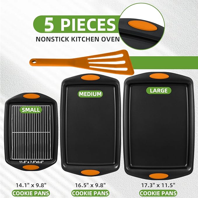 5-Piece Nonstick Baking Pans Set - Premium Carbon Steel Bakeware with PFOA/PFOS/PTFE-Free Coating, Red Silicone Handles (Black Orange)