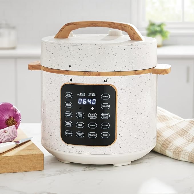 6 Quart Electric Pressure Cooker with Touch Control Display, Multi-Function Cooker, Digital Timer, Fast Cooking Appliance, Removable Pot (Linen Speckle)