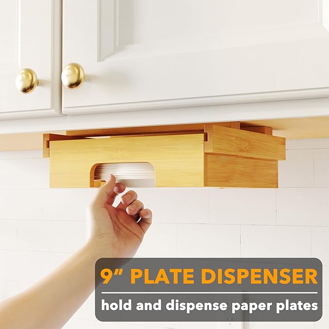 SpaceAid 9-inch Paper Plate Dispenser (Need 10.2 Inches Deep Cabinet Space) Under Cabinet Bamboo Plates Holder, Kitchen Vertical Dipensers Caddy, Bamboo