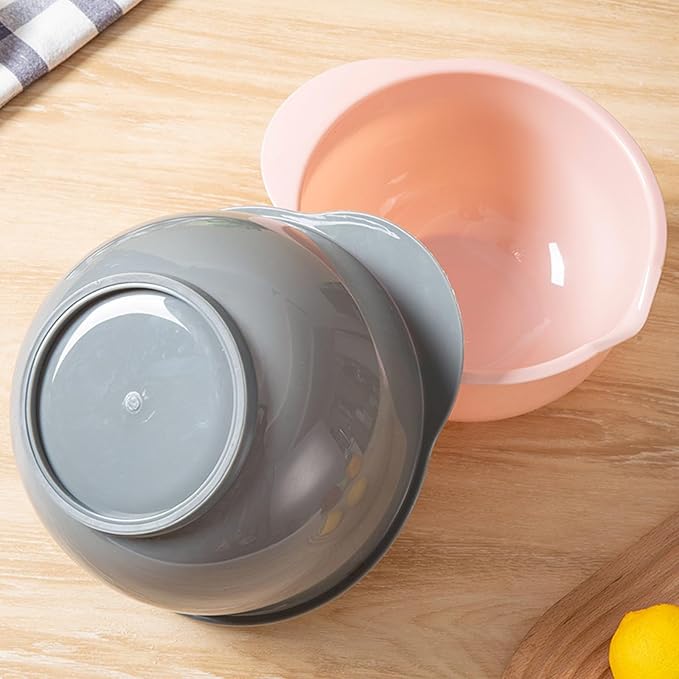 Set of 3 Mixing Bowls with Pour Spout-Nesting Design Saves Space - Non-Slip, BPA Free, Dishwasher Safe Plastic - Kitchen Cooking and Baking Supplies (Green Pink Grey)