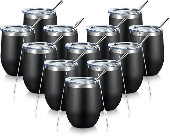 COMOOO 12oz Stainless Steel Wine Tumbler with Lid and Straw, Double Wall Vacuum Insulated Wine Tumbler Cup, Stemless Wine Tumbler for Cold and Hot Drinks, Coffee, Wine, Cocktails, Black, 12 Pack