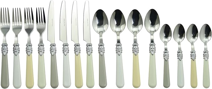 The Original Brink House Baroque Bone Mix & Match Stainless Steel Cutlery Set with Assorted Handles / 16 pieces with Metal Stand/Lifestyle utensils set for home, first apartment, dorm, fine dining
