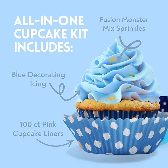 Betty Crocker Cupcake Kit For Boys - Includes 100 ct Betty Crocker blue cupcake liners, Fusion Monster Mix Sprinkles, and Decorating Blue Icing - Perfect for gender reveals, baby showers, & birthdays