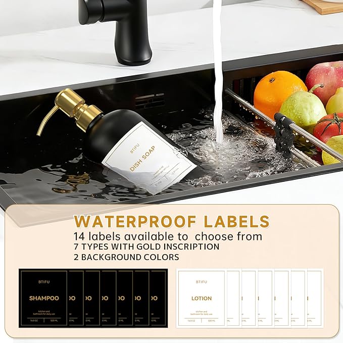 Kitchen Soap Dispenser Set – 16.8oz/500ml Glass Hand and Dish Soap Dispenser with Stainless Steel Pumps & Non-Slip Silicone Base, Luxury Countertop Decor for Home, Airbnb, Hotel (Black & Gold)