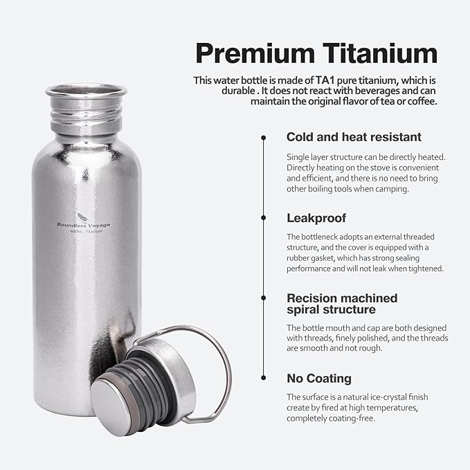Boundless Voyage Titanium Water Bottle with Lid Wide Mouth Leak-Proof Reusable Sport Drinking Bottle for Camping Hiking Picnic Climbing Running Tea Coffee (600ml-glossy)