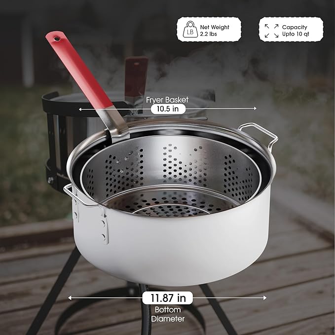 Gas One Aluminum Cooking Pot Deep Fryer with Basket – 10QT Aluminum Fry Pot with Easy Grip Handle – Durable Food Grade Outdoor Fryer with Perforated Strainer Basket – Ideal for Seafood, Chicken