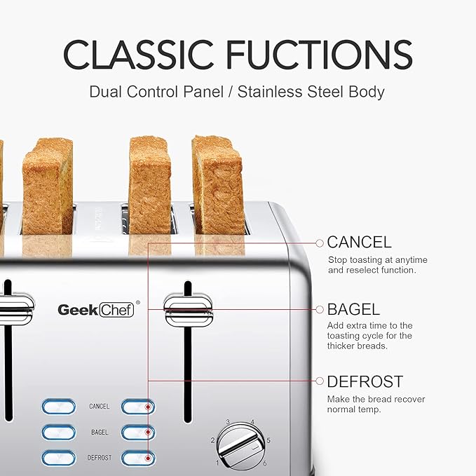 Toaster 4 Slice, Geek Chef Stainless Steel Toaster with Extra Wide Slots，4 Slot Toaster with Bagel/Defrost/Cancel Function, Dual Control Panel of 6 Toasting Bread Shade Settings, Removable Crumb Trays, High Lift Lever, ETL