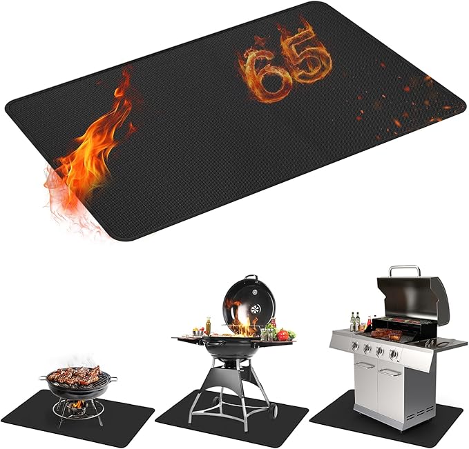 65 x 48 Inch Under Grill Mats for Outdoor Grill, Fireproof & Heat Resistant Fiberglass Deck Protector, Waterproof & Oil-Proof BBQ Floor Pad for Deck, Patio, Grass – Easy Clean, Reusable