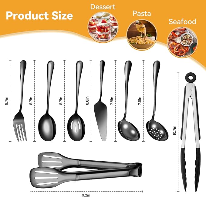 Black Stainless Steel Serving Utensils Set, Large Metal Serving Spoons, Slotted Spoons, Forks, Tongs, Soup Spoons, Skimmer Spoon, Cake Server for Partie, Buffet, Catering, Entertaining 15pcs