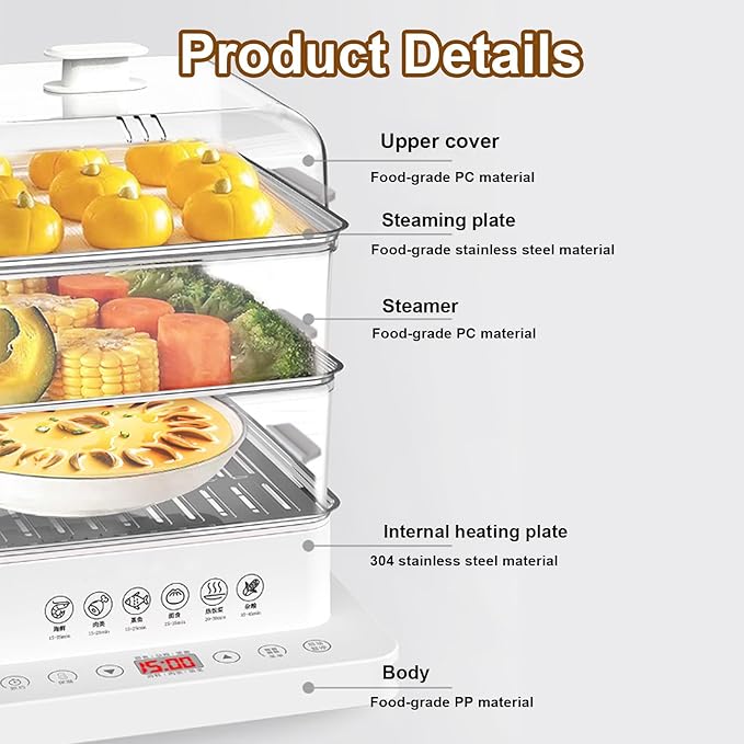 Food Steamer,40l,360° Steam Cycle Electric Steamer,with 3 Stainless Steel Steaming Plates,A Pair of Heat Insulating Gloves,12 Hour Reservation,6 Preset Modes