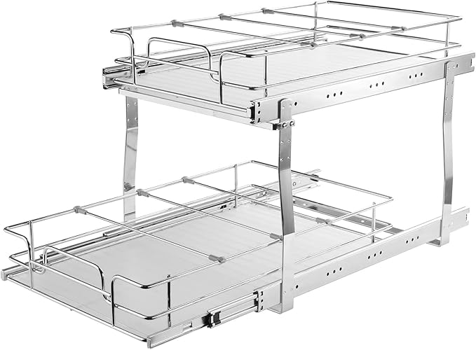 VEVOR Pull Out Cabinet Organizer, 14" Wx21.2 Dx15.2 H Heavy 2 Tier Duty Slide Out Pantry Shelves, Chrome-Plated Steel Roll Out Drawer for Under Sink, 15.5" Wx22.5 Dx19 H Install Size for Cabinet