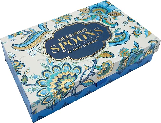 Mary DiSomma’s Ceramic Measuring Spoons (Set of 4) | Unique Signature Floral Print Design for each, Gold Overlay, Teal, Blue, Robin’s Egg Blue, Lime Green, Metallic Gold Chain, Boxed gift set
