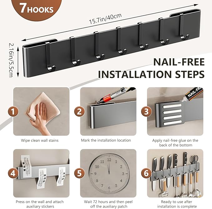 Kitchen Utensil Hanger: Wall Mount Holder Hanging Rack,7 Hooks Utensil Racks,No Drilling for Kitchen,Pantry,Bathroom,Livingroom 15.75 Inch (Black)