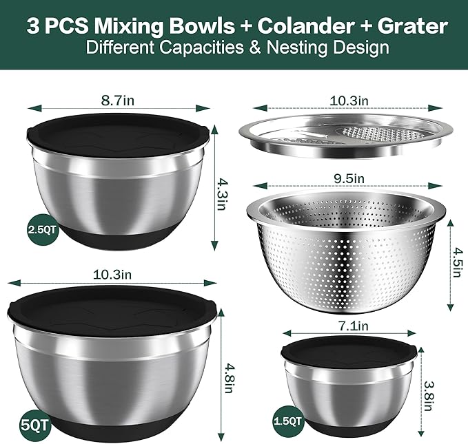 Nicdiet Mixing Bowls with Airtight Lids, Stainless Steel Mixing Bowl Set with 3 Metal Nesting Bowls, Colander & Grater, Non-Slip Bottoms, Size 1.5, 2.5, 5 QT, Great for Mixing & Serving, Black