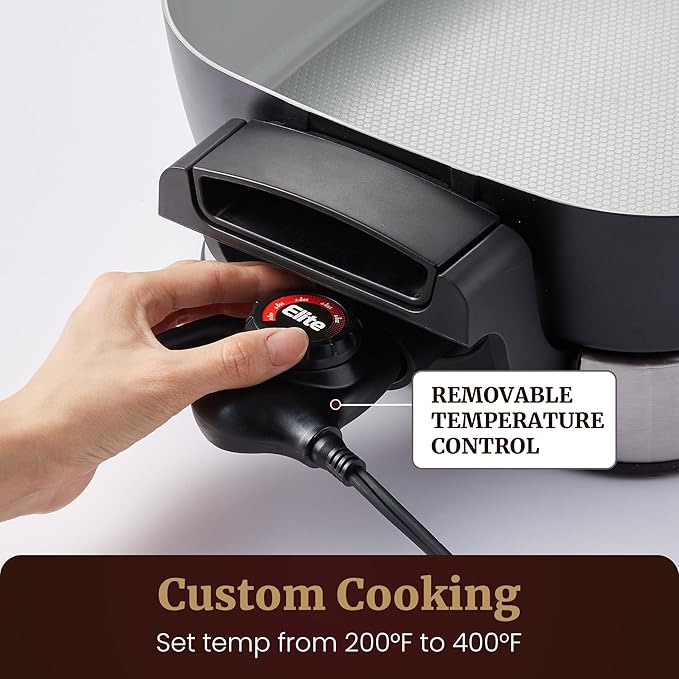 Elite Gourmet 15" x 12" x 3" Stow-Away Foldable Electric Skillet, Ceralast™ PFAS Free Ceramic, 1500W Rapid Heat, Dishwasher Safe Pan & Lid, Black/Grey