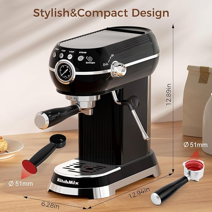 KITCHMIX Espresso Machine with Milk Frother ，20 Bar Stainless Steel Espresso Maker with Milk Frother Steam Wand, Espresso Coffee Machine with Removable Water Tank (Black)