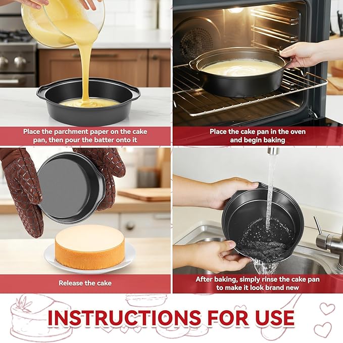 6 Inch Cake Pans - 3PCS Carbon Steel Cake Pan with 200 Parchment Papers, Round Cake Pans with Handle, Nonstick & Non-Toxic, Easy Demolding & Dishwasher Safe