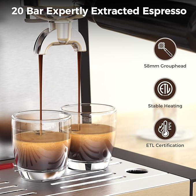 COWSAR 20 Bar Espresso Machine with Grinder & Milk Frother Steam Wand, 58mm Expresso Coffee machines, Commercial Stainless Steel Coffee Maker for Cappuccino and Latte, Perfect for Home Café-Black