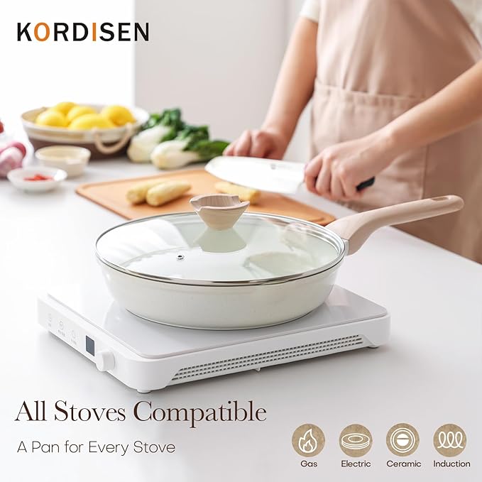 Kordisen Ceramic Nonstick Frying Pan Skillet Set with Lid, 3 Piece Ceramic Pans for Cooking Non Toxic, Healthy Induction Cookware, Stay-Cool Handle, PFOA & PFAS Free (8 Inch, 9.5 Inch, 11 Inch)