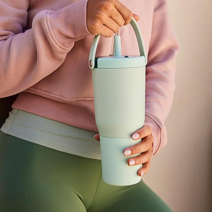 BrüMate Resa 35oz 100% Leakproof Tumbler w/Handle & Straw | Flexible SoftSip Straw | Silicone Sleeve for Durability | Stainless Steel | Cup Holder & Travel Friendly Water Bottle (White Polka Dots)