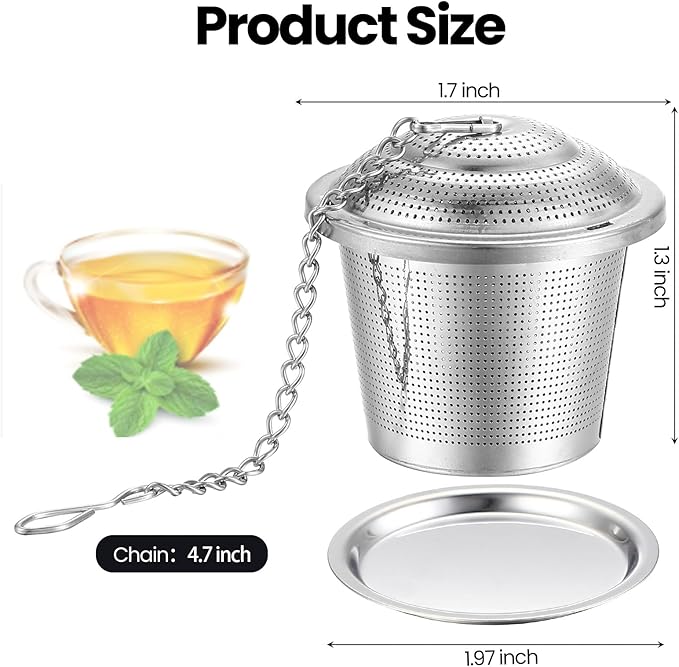 Zopeal 9 Pcs Tea Infuser Stainless Steel Strainer with Extended Chain Hook and Saucer Loose Leaf Steeper Fine Mesh Ball Tea Filter for Brew Spices Seasonings Fits Cup Mug Bottle (Small)