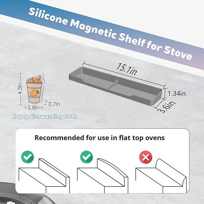15 Inch Magnetic Silicone Stove Top Shelf,Heat Resistant Over The Stove Spice Rack for Kitchen,Space Saving Organizer Back of Stove,Includes 3 Additional Sticky Boards(Light Grey, 15''x3.8'')