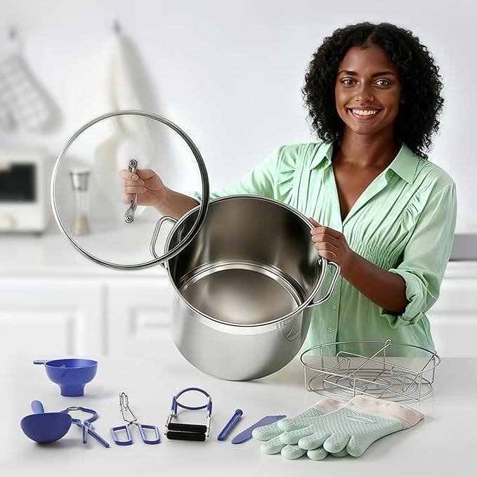 Stainless Steel Canning Pot with Rack and Lid, Large Water Bath Canner, Full Home Canning Supplies Starter Kit (27.5 Quarts, Blue)