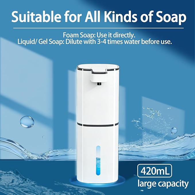 Automatic Soap Dispenser, Dish & Hand Foaming Soap Dispenser for Bathroom Kitchen, Liquid Auto Smart Electric Foam Pump Touchless，420ml-4 Levels Adjustable