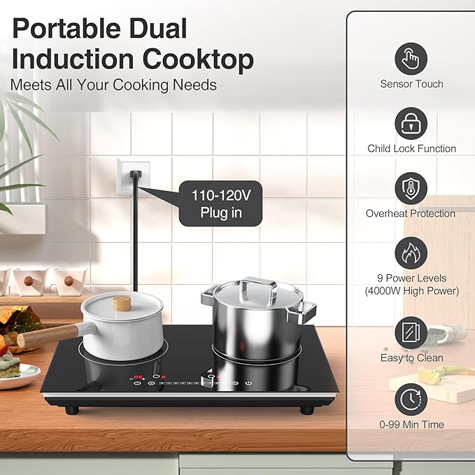 VBGK Double Induction Cooktop,4000W 2 burner induction cooktop,110V Hot Plate Electric Burner Portable Induction cooktop 2 burner with LCD Touch Screen 9 Levels Settings Child Safety Lock & Timer